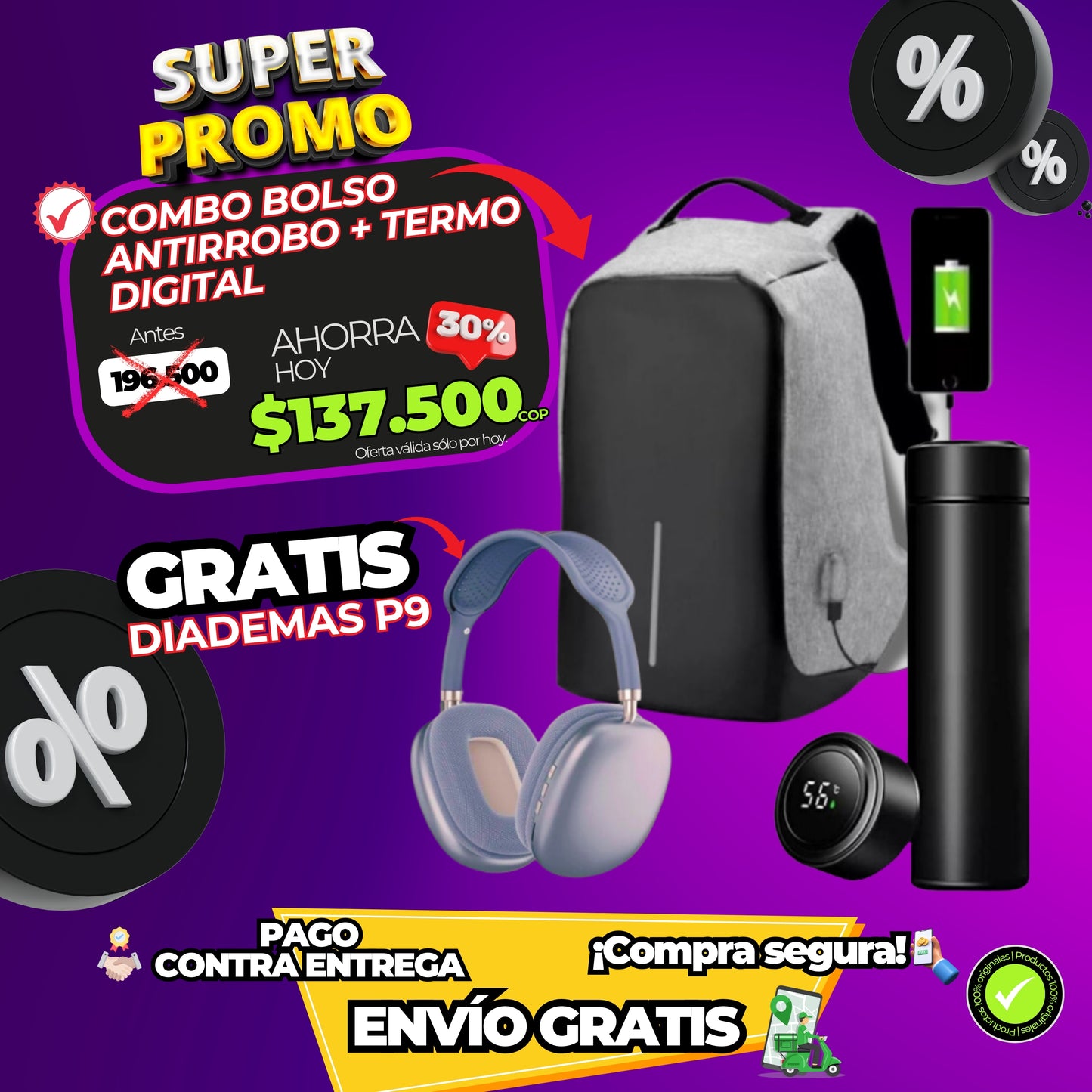 Combo termo digital + maleta antirrobo + audífonos P9🌟